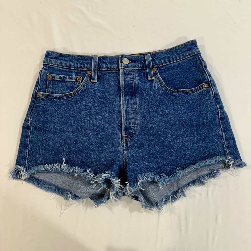 Levi's 501 Original Shorts Women 29 Blue Denim Raw Hem High Rise Stretch Classic